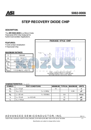 5082-0008 datasheet - STEP RECOVERY DIODE CHIP