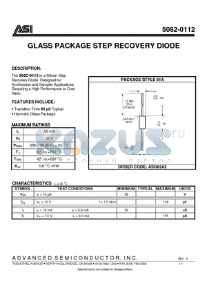 5082-0112 datasheet - GLASS PACKAGE STEP RECOVERY DIODE