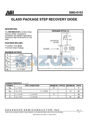 5082-0153 datasheet - GLASS PACKAGE STEP RECOVERY DIODE