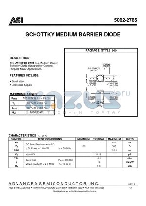 5082-2785 datasheet - SCHOTTKY MEDIUM BARRIER DIODE