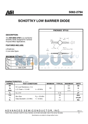 5082-2794 datasheet - SCHOTTKY LOW BARRIER DIODE