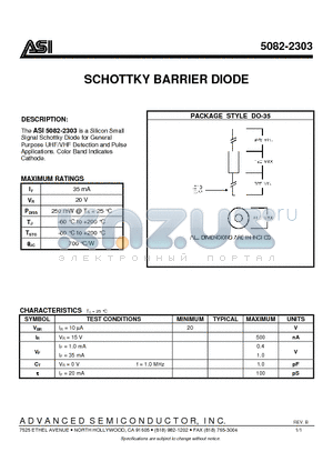 5082-2303 datasheet - SCHOTTKY BARRIER DIODE
