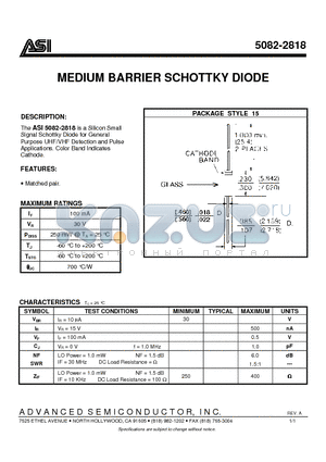 5082-2818 datasheet - MEDIUM BARRIER SCHOTTKY DIODE