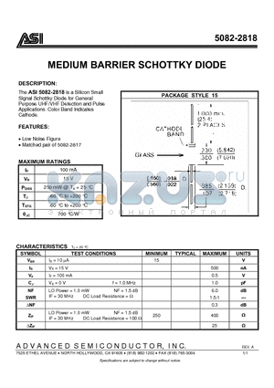 5082-2818 datasheet - MEDIUM BARRIER SCHOTTKY DIODE