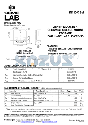 1N4106CSM datasheet - ZENER DIODE IN A