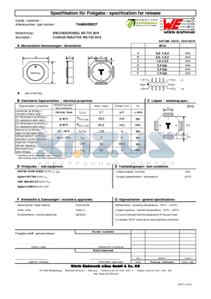 74489430027 datasheet - COUPLED INDUCTOR WE-TDC 8018