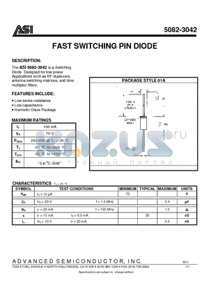 5082-3042 datasheet - FAST SWITCHING PIN DIODE