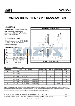 5082-3041 datasheet - MICROSTRIP/STRIPLINE PIN DIODE SWITCH