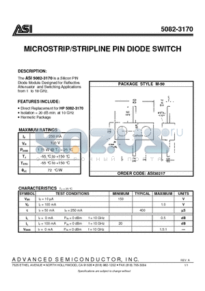 5082-3170 datasheet - MICROSTRIP/STRIPLINE PIN DIODE SWITCH