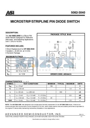 5082-3040 datasheet - MICROSTRIP / STRIPLINE PIN DIODE SWITCH
