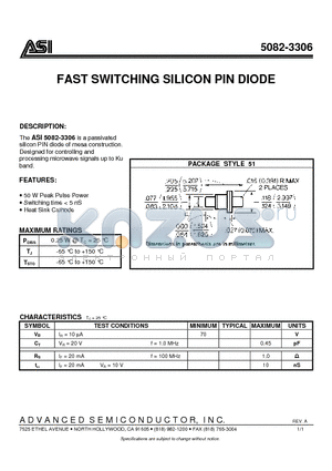 5082-3306 datasheet - FAST SWITCHING SILICON PIN DIODE