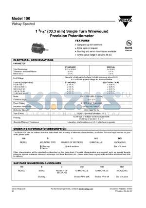 100S110KBO1 datasheet - 1 5/16 (33.3 mm) Single Turn Wirewound Precision Potentiometer