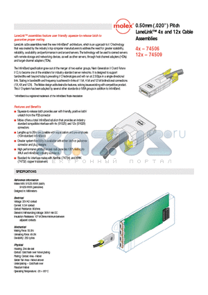 74509 datasheet - 0.50mm (.020) Pitch LaneLink 4x and 12x Cable Assemblies