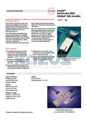 74595-5005 datasheet - LaneLinkTM Dual Data Rate (DDR) InfiniBand* Cable Assemblies