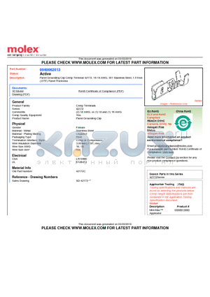 0040062013 datasheet - Panel Grounding Clip Crimp Terminal 42172, 16-18 AWG, 301 Stainless Steel