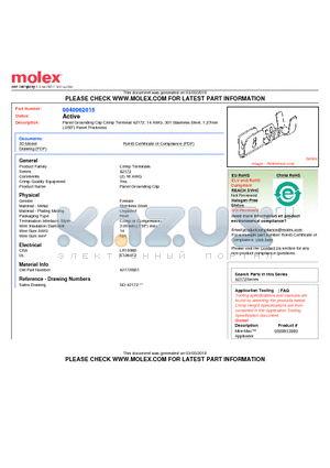 0040062015 datasheet - Panel Grounding Clip Crimp Terminal 42172, 14 AWG, 301 Stainless Steel, 1.27mm (.050