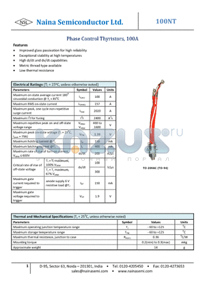 100NT datasheet - Phase Control Thyristors, 100A