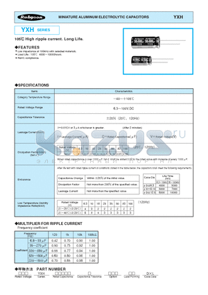 100YXH820M18X40 datasheet - MINIATURE ALUMINUM ELECTROLYTIC CAPACITORS