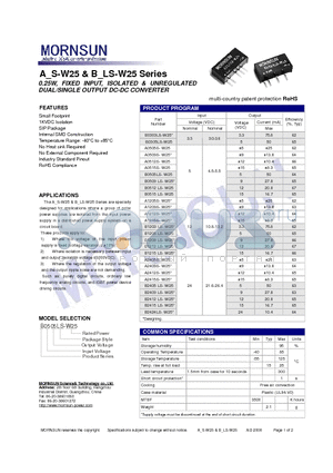 A0505S-W25 datasheet - DUAL/SINGLE OUTPUT DC-DC CONVERTER