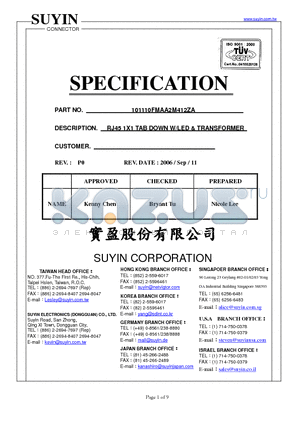 101110FMAA2M412ZA datasheet - RJ45 1X1 TAB DOWN W/LED & TRANSFORMER