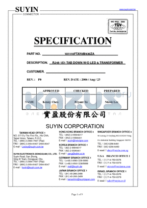 101110FTAY0M430ZA datasheet - RJ45 1X1 TAB DOWN W/O LED & TRANSFORMER