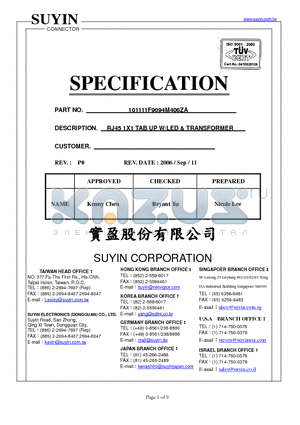 101111F9094M406ZA datasheet - RJ45 1X1 TAB UP W/LED & TRANSFORMER