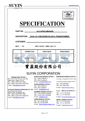 101110F9012M440ZA datasheet - RJ45 1X1 TAB DOWN W/LED & TRANSFORMER