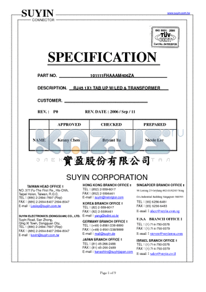 101111FHAAAM406ZA datasheet - RJ45 1X1 TAB UP W/LED & TRANSFORMER