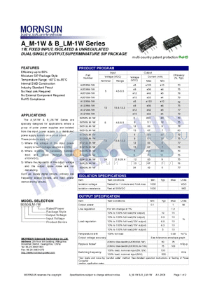 A0509M-1W datasheet - DUAL/SINGLE OUTPUT,SUPERMINIATURE SIP PACKAGE