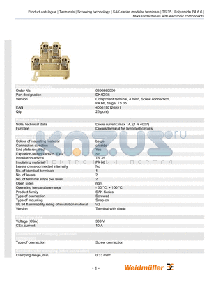 0053160000 datasheet - Component terminal, 4 mmb, Screw connection, PA 66, beige, TS 35