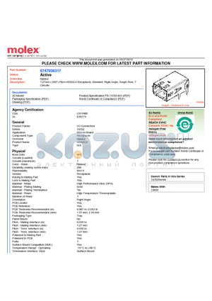 74703-0317 datasheet - 1.27mm (.050) Pitch HSSDC2 Receptacle, Shielded, Right Angle, Single Row, 7 Circuits