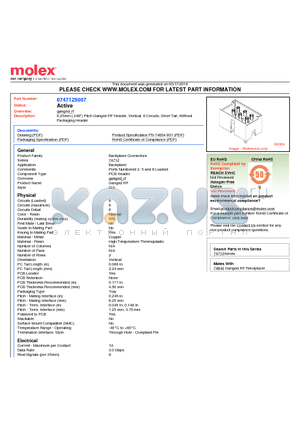 74712-5007 datasheet - 6.25mm (.246) Pitch Ganged RF Header, Vertical, 6 Circuits, Short Tail, Without Packaging Header