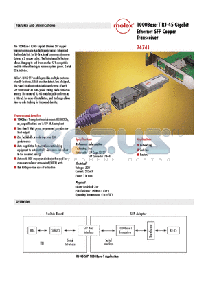 74741 datasheet - 1000Base-T RJ-45 Gigabit Ethernet SFP Copper Transceiver