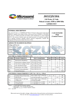 1011LD110A datasheet - 110 Watts, 32 Volts Pulsed Avionics 1030 to 1090 MHz LDMOS FET