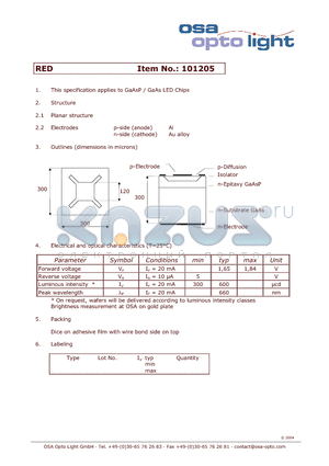 101205 datasheet - GaAsP / GaAs LED Chips