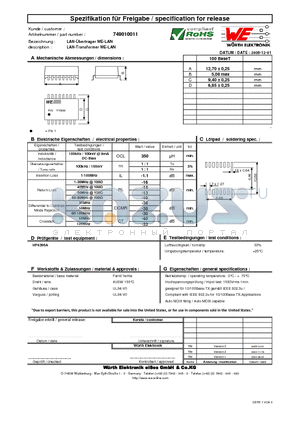 749010011 datasheet - LAN-Transformer WE-LAN