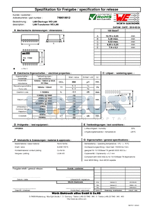 749010012 datasheet - LAN-Transformer WE-LAN