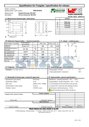 7491181012 datasheet - Off-line transformer WE-UNIT