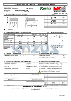 7491181124 datasheet - Off-line transformer WE-UNIT