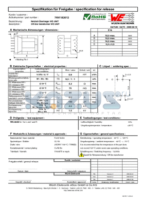 7491182012 datasheet - Off-line transformer WE-UNIT