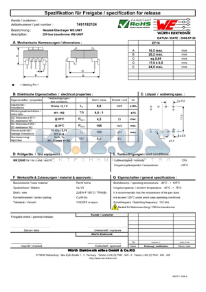 7491182124 datasheet - Off-line transformer WE-UNIT