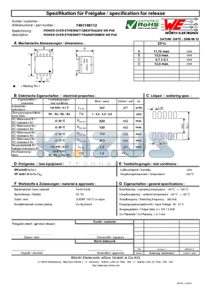 7491199112 datasheet - POWER OVER ETHERNET-TRANSFORMER WE-PoE