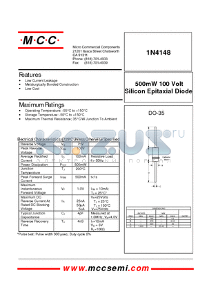 1N4148 datasheet - 500mW 100 Volt Silicon Epitaxial Diode