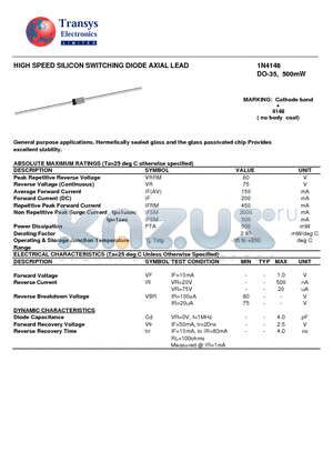 1N4148 datasheet - HIGH SPEED SILICON SWITCHING DIODE AXIAL LEAD