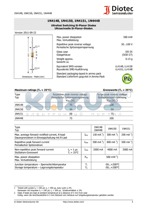 1N4148 datasheet - Ultrafast Switching Si-Planar Diodes