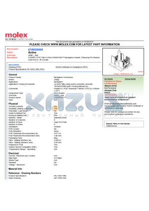 74952-5004 datasheet - 2.00mm (.079) Pitch 5-Row VHDM-HSD Backplane Header, Polarizing Pin Module, Code Key D, 40 Circuits