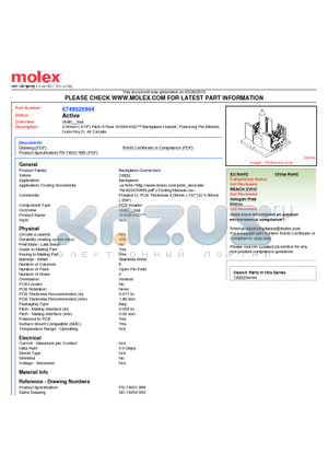 74952-5904 datasheet - 2.00mm (.079) Pitch 5-Row VHDM-HSD Backplane Header, Polarizing Pin Module, Code Key D, 40 Circuits