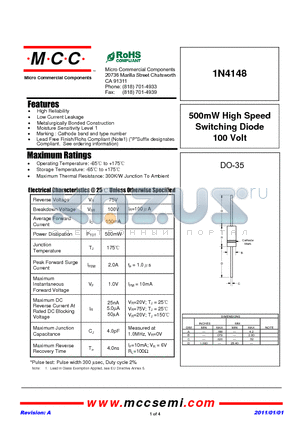1N4148 datasheet - 500mW High Speed Switching Diode 100 Volt