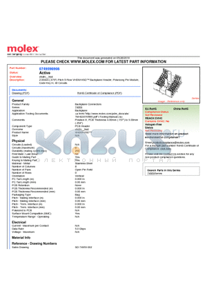 74959-8908 datasheet - 2.00mm (.079) Pitch 5-Row VHDM-HSD Backplane Header, Polarizing Pin Module, Code Key H, 40 Circuits