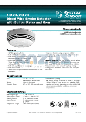 1012B datasheet - Direct-Wire Smoke Detector with Built-in Relay and Horn